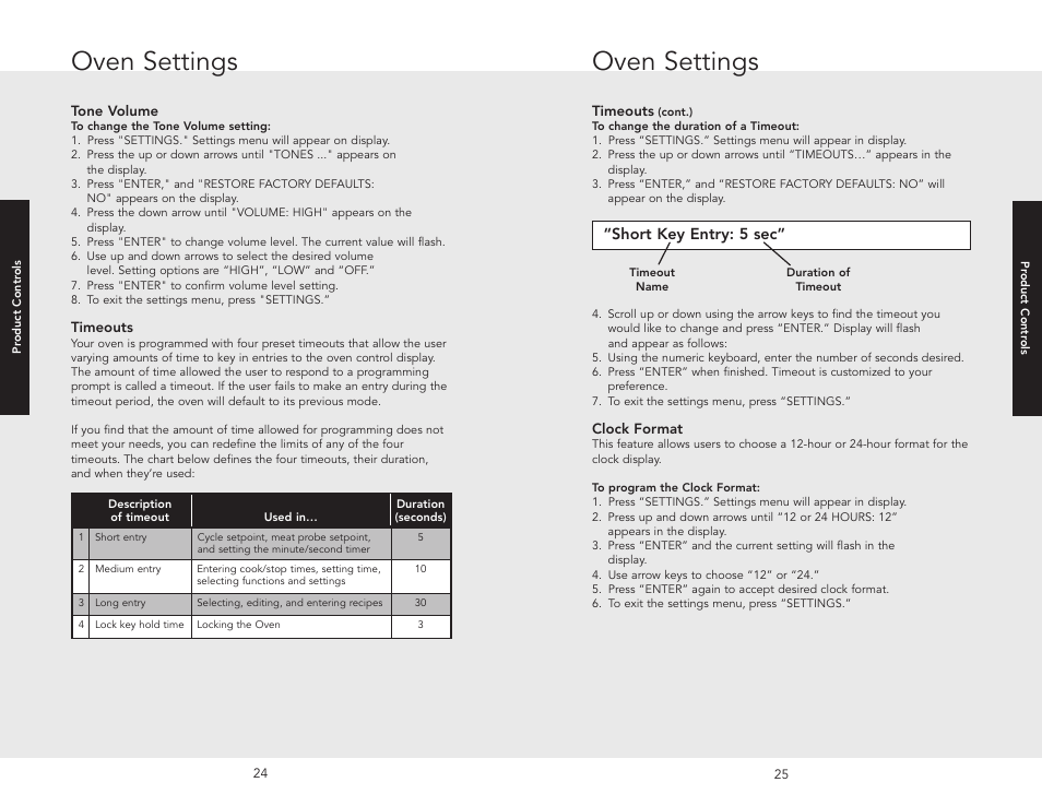 Oven settings, Short key entry: 5 sec | Viking F20686 User Manual | Page 13 / 34