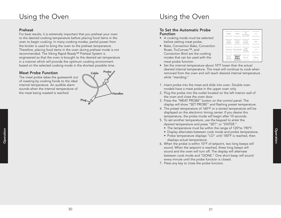 Operation, Using the oven, Preheat | Meat probe function | Viking F20686 User Manual | Page 16 / 34