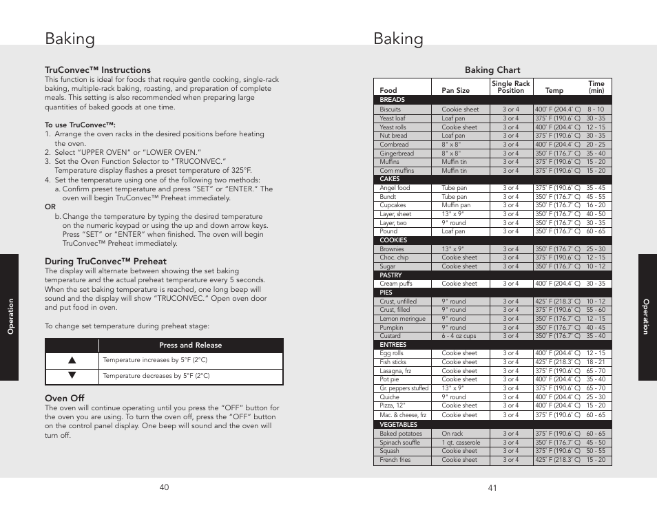 Baking, Truconvec™ instructions, During truconvec™ preheat | Oven off, Baking chart | Viking F20686 User Manual | Page 21 / 34