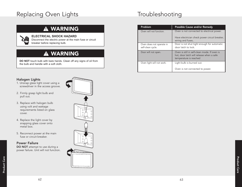 Replacing oven lights, Troubleshooting, Replacing oven lights troubleshooting | Warning | Viking F20686 User Manual | Page 32 / 34