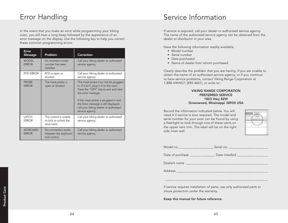 Error handling, Service information, Error handling service information | Viking F20686 User Manual | Page 33 / 34