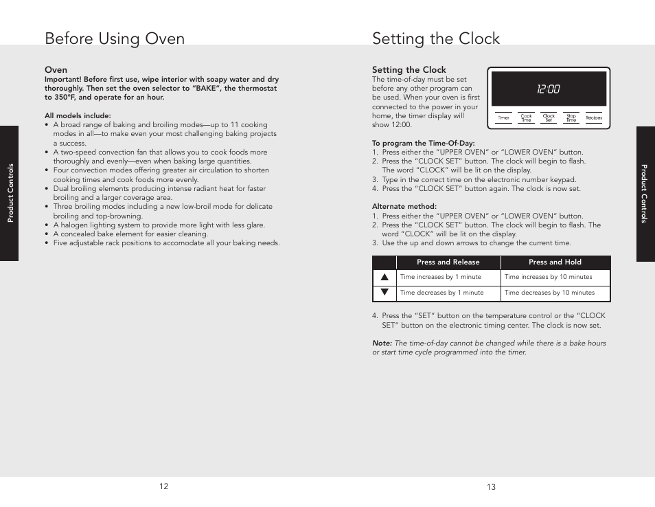Product controls, Before using oven, Setting the clock | Before using oven setting the clock, Setting the clock before using oven | Viking F20686 User Manual | Page 7 / 34