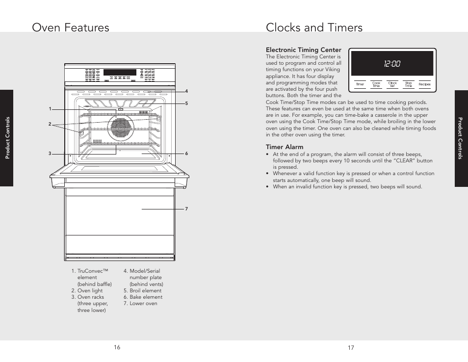 Oven features, Clocks and timers, Oven control panel oven features | Viking F20686 User Manual | Page 9 / 34