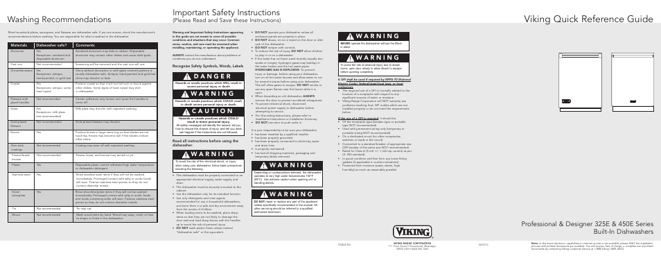 Viking quick reference guide, Washing recommendations, Important safety instructions | Please read and save these instructions) | Viking SHOWN 450E User Manual | Page 2 / 2