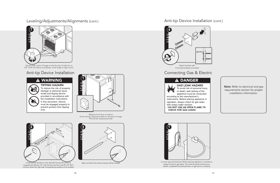Leveling/adjustments/alignments, Connecting gas & electric warning, Danger | Anti-tip device installation, Cont.), Tipping hazard, Gas leak hazard | Viking F20543 User Manual | Page 10 / 12