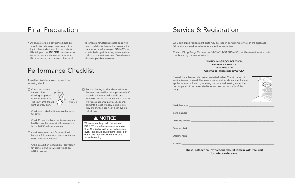 Service & registration performance checklist, Final preparation, Notice | Viking F20543 User Manual | Page 12 / 12