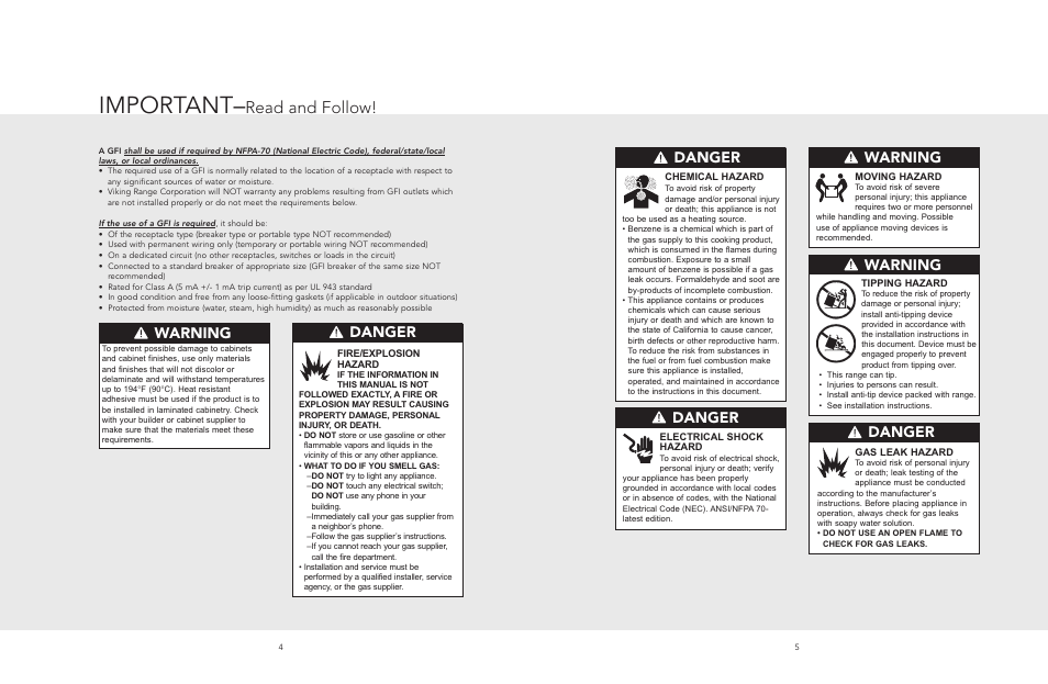 Important, Read and follow, Danger | Warning | Viking F20543 User Manual | Page 3 / 12