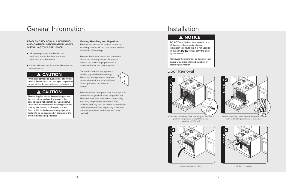 General information, Installation, Notice | Door removal, Caution | Viking F20543 User Manual | Page 8 / 12