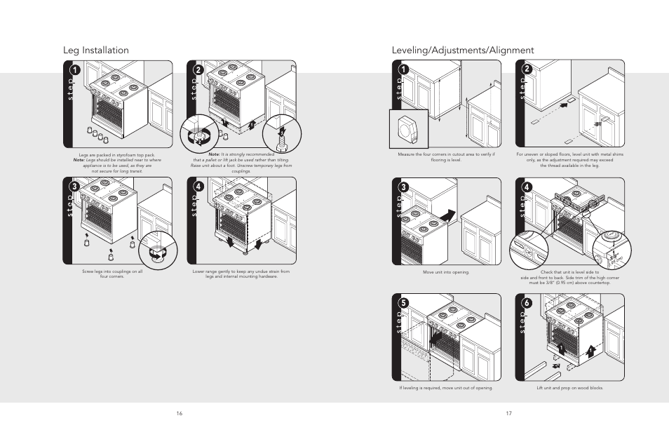 Leg installation, Leveling/adjustments/alignment | Viking F20543 User Manual | Page 9 / 12