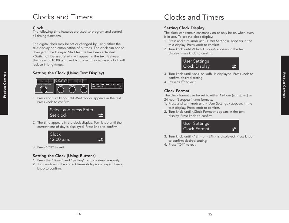 Clocks and timers, Setting clock display, Clock format | Clock, Setting the clock (using text display), Setting the clock (using buttons) | Viking VESO J690.150 User Manual | Page 10 / 24
