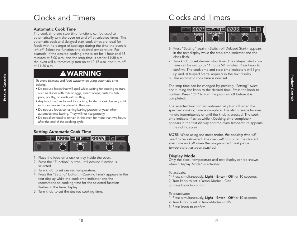 Clocks and timers, Warning, Automatic cook time | Setting automatic cook time, Display mode | Viking VESO J690.150 User Manual | Page 12 / 24