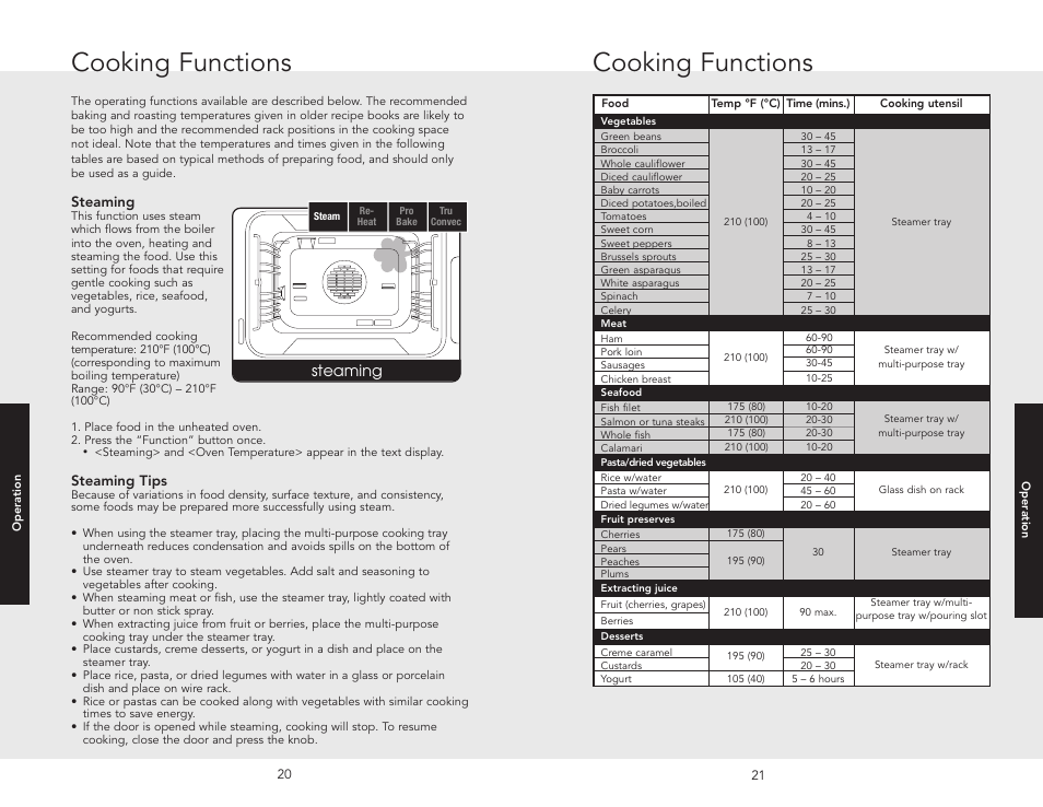 Cooking functions, Steaming | Viking VESO J690.150 User Manual | Page 13 / 24