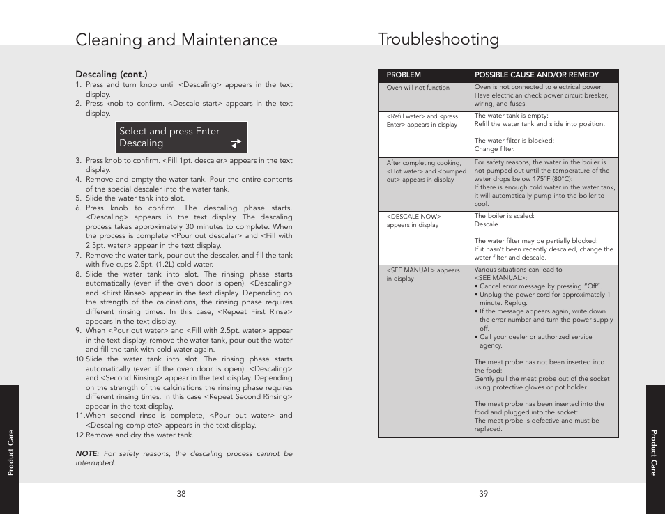 Cleaning and maintenance, Troubleshooting, Select and press enter descaling | Viking VESO J690.150 User Manual | Page 22 / 24