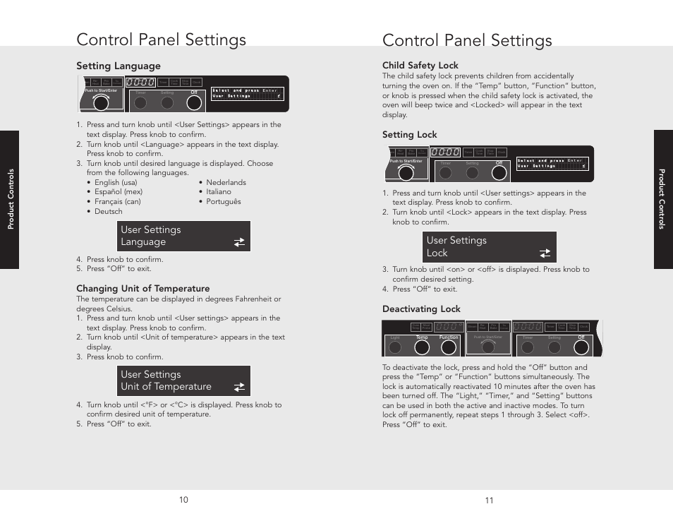Control panel settings, Setting language, User settings lock | Child safety lock, Setting lock, Deactivating lock, Changing unit of temperature | Viking VESO J690.150 User Manual | Page 8 / 24
