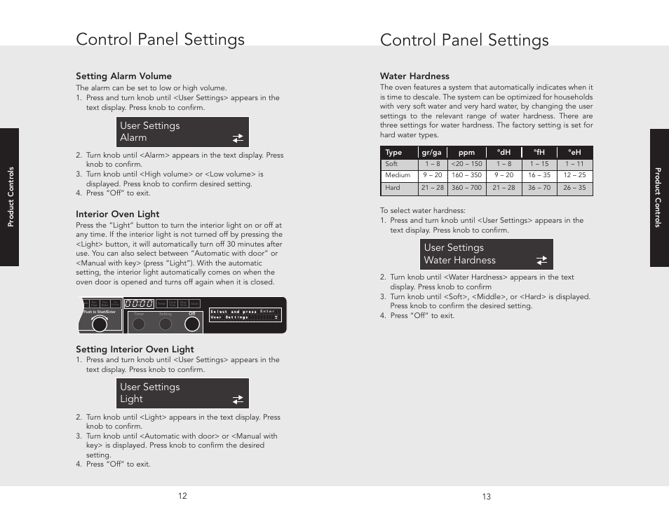 Control panel settings, User settings alarm, User settings light | User settings water hardness, Water hardness, Setting alarm volume, Interior oven light, Setting interior oven light | Viking VESO J690.150 User Manual | Page 9 / 24