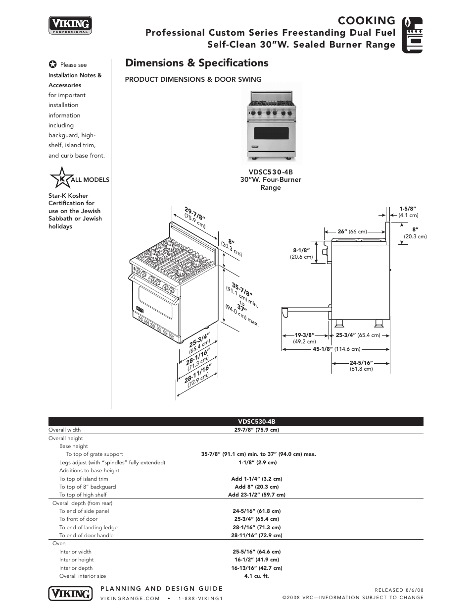 Cooking, Dimensions & specifications | Viking VDSC530-4B User Manual | Page 2 / 6