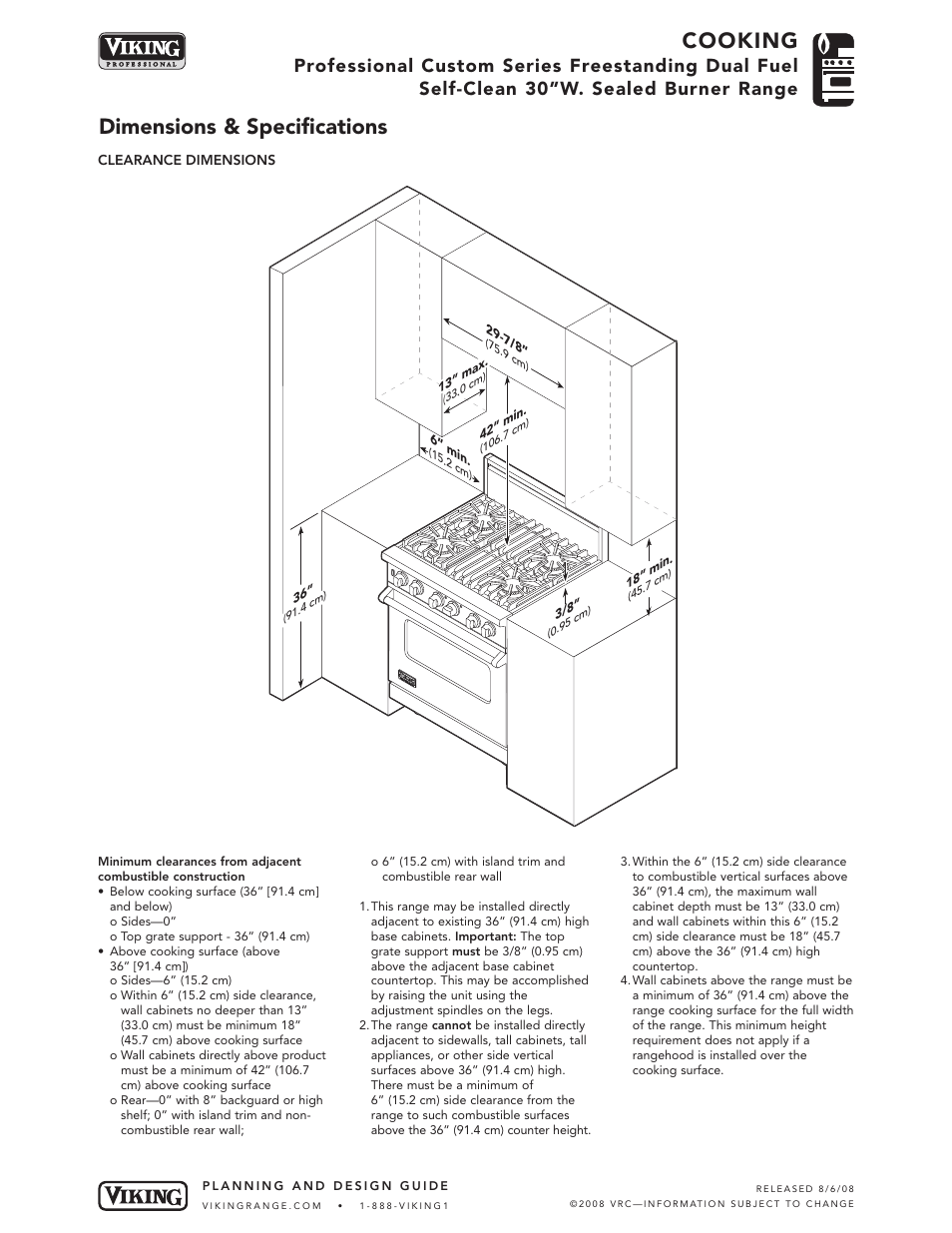 Cooking, Dimensions & specifications | Viking VDSC530-4B User Manual | Page 3 / 6