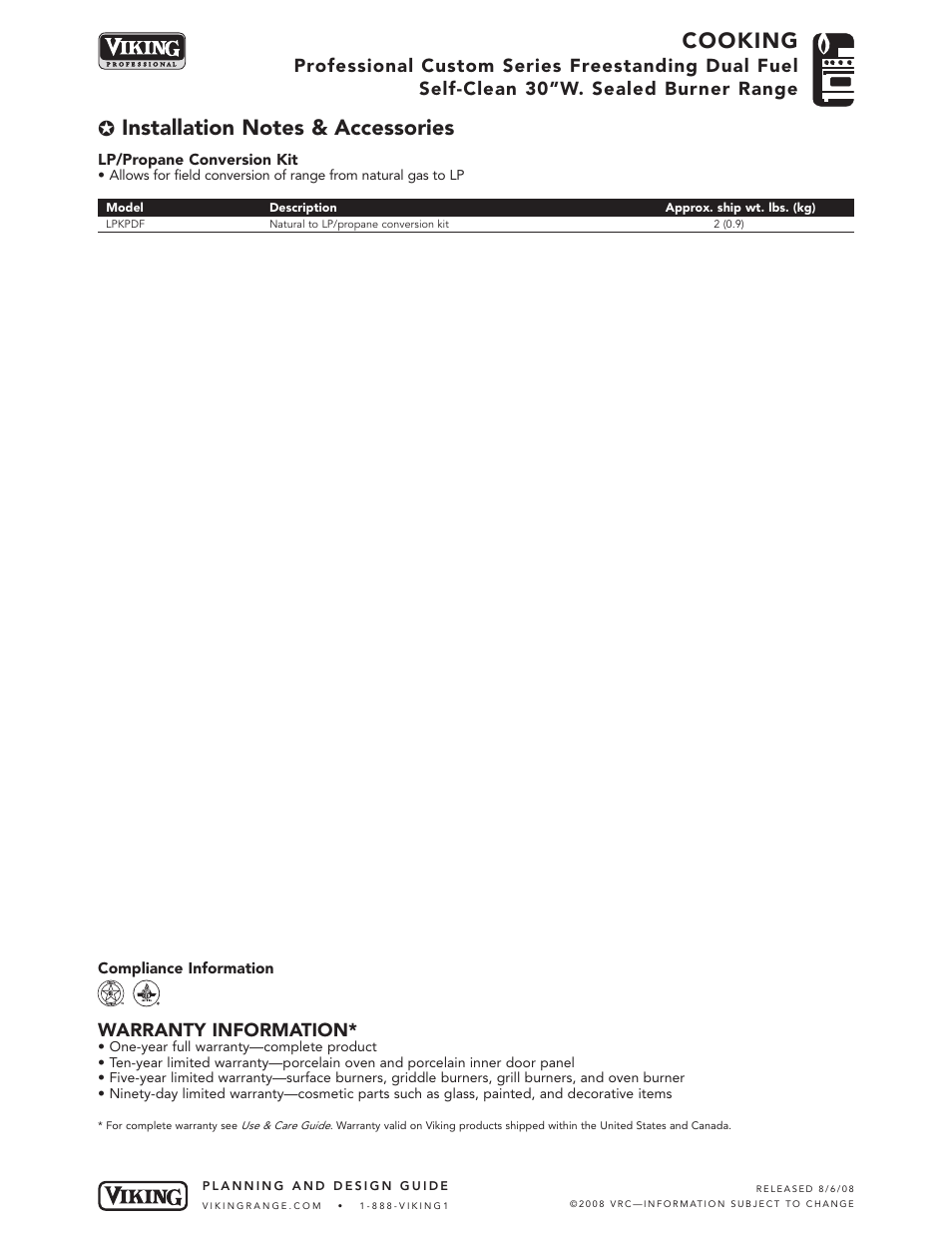 Cooking, Warranty information | Viking VDSC530-4B User Manual | Page 6 / 6