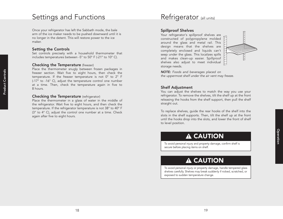 Settings and functions, Refrigerator, Caution | Viking F20413 User Manual | Page 10 / 22