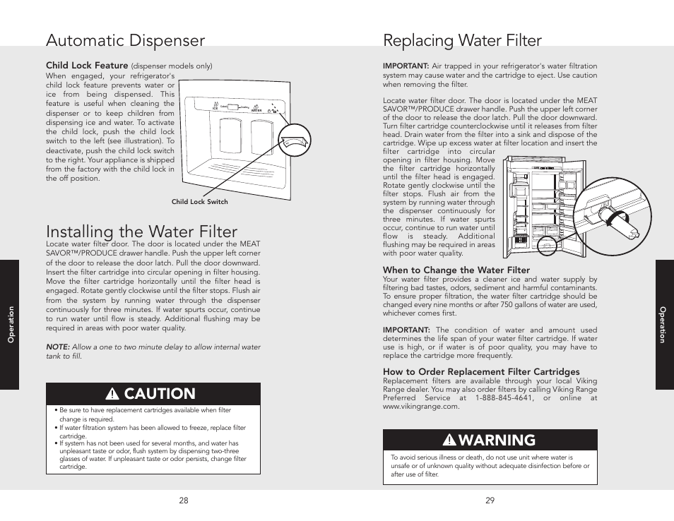 Automatic dispenser, Installing the water filter, Replacing water filter | Caution, Warning | Viking F20413 User Manual | Page 15 / 22