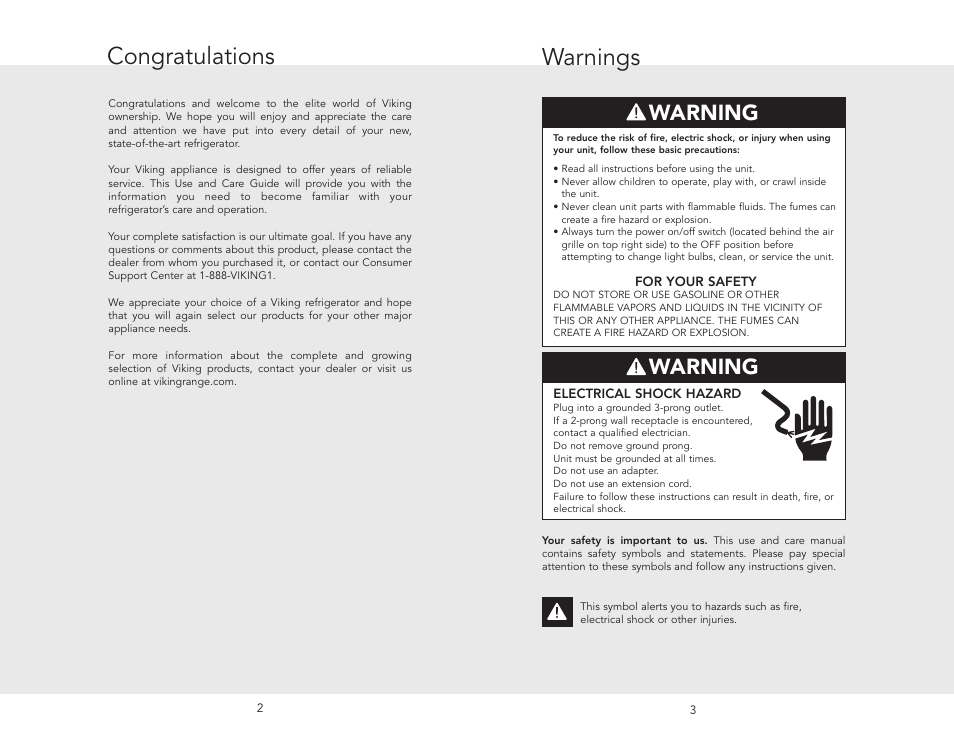 Warnings, Warning | Viking F20413 User Manual | Page 2 / 22
