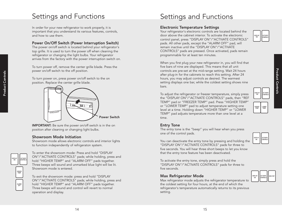 Settings and functions, Power on/off switch (power interruption switch), Showroom mode initiation | Electronic temperature settings, Entry tone, Max refrigerator mode | Viking F20413 User Manual | Page 8 / 22