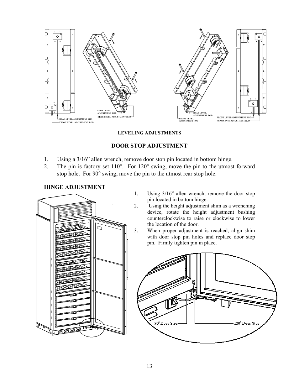 Leveling adjustments, Door stop adjustment, Hinge adjustment | Viking VCWB300 User Manual | Page 12 / 24