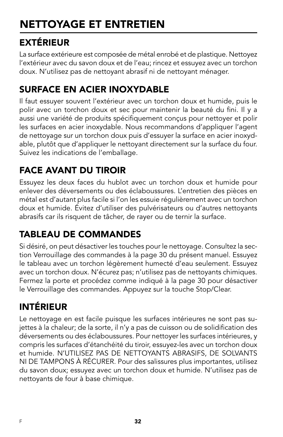 Nettoyage et entretien, Extérieur, Surface en acier inoxydable | Face avant du tiroir, Tableau de commandes, Intérieur | Viking DrawerMicro Drawer Micro Oven User Manual | Page 100 / 108