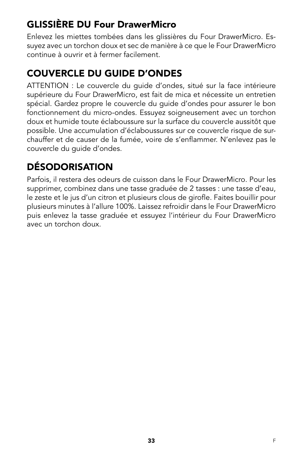 Glissière du four drawermicro, Couvercle du guide d’ondes, Désodorisation | Viking DrawerMicro Drawer Micro Oven User Manual | Page 101 / 108