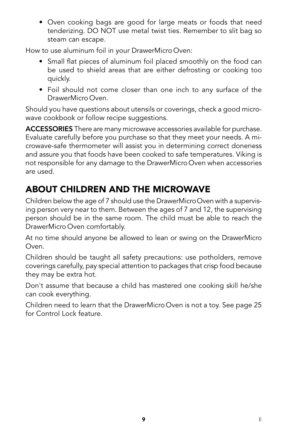 About children and the microwave | Viking DrawerMicro Drawer Micro Oven User Manual | Page 11 / 108