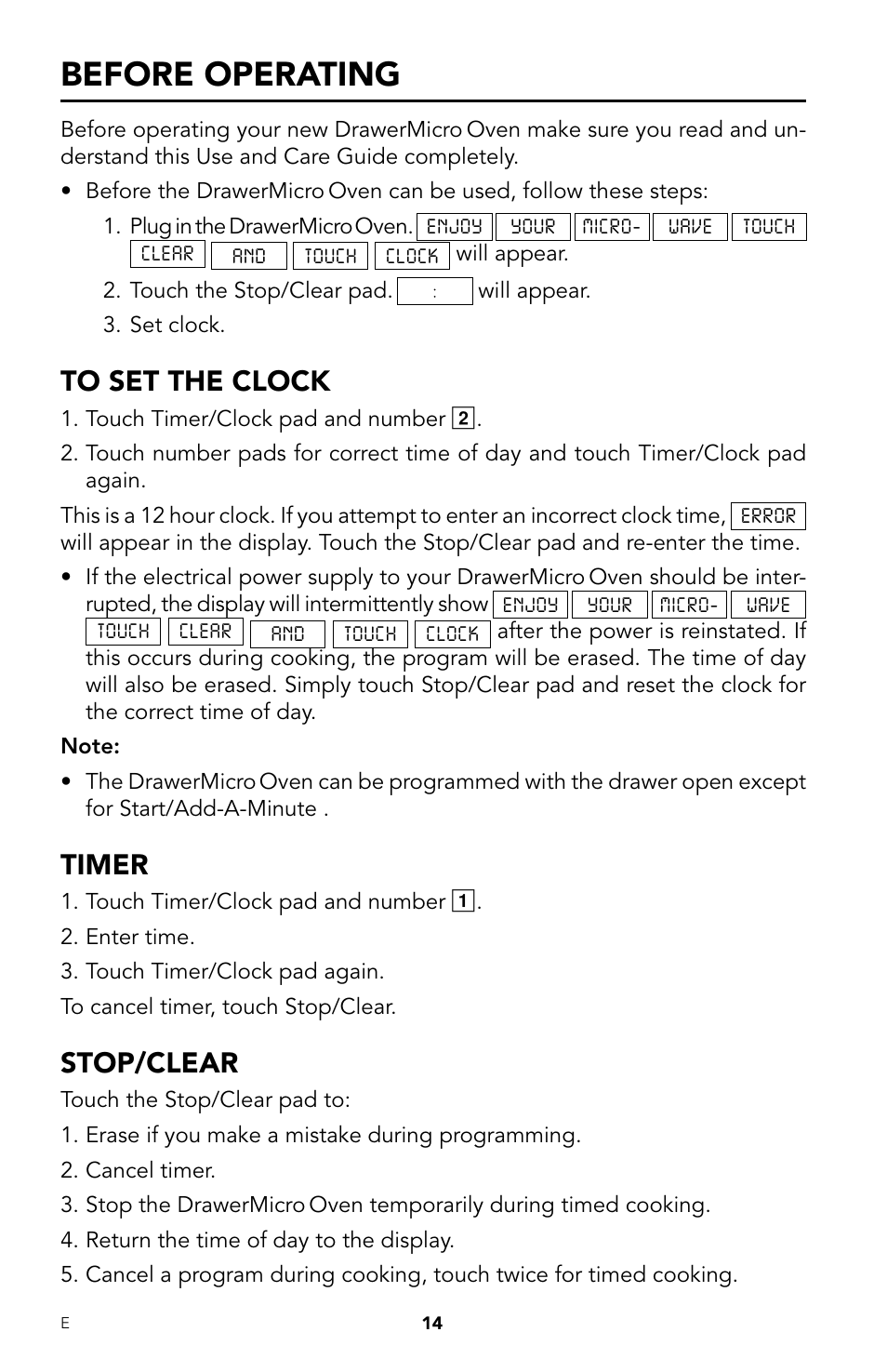Before operating, Timer, Stop/clear | Viking DrawerMicro Drawer Micro Oven User Manual | Page 16 / 108
