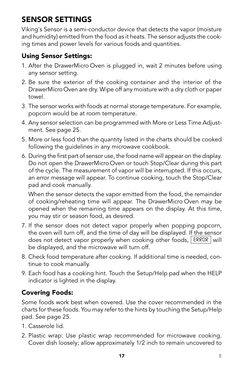Sensor settings | Viking DrawerMicro Drawer Micro Oven User Manual | Page 19 / 108
