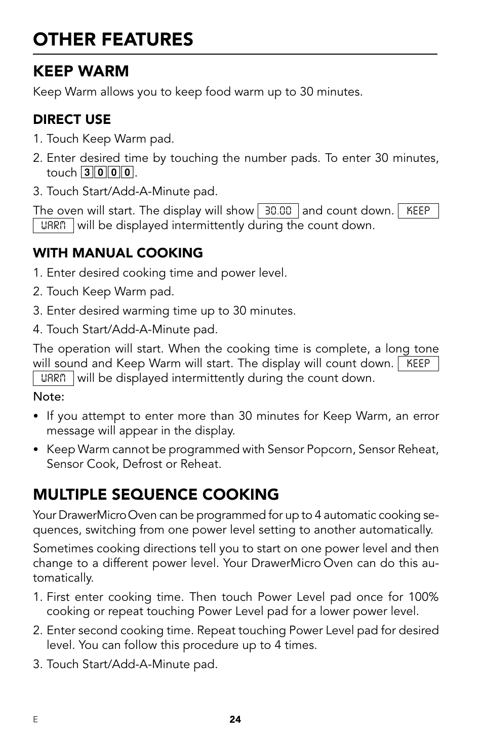 Other features, Keep warm, Multiple sequence cooking | Viking DrawerMicro Drawer Micro Oven User Manual | Page 26 / 108