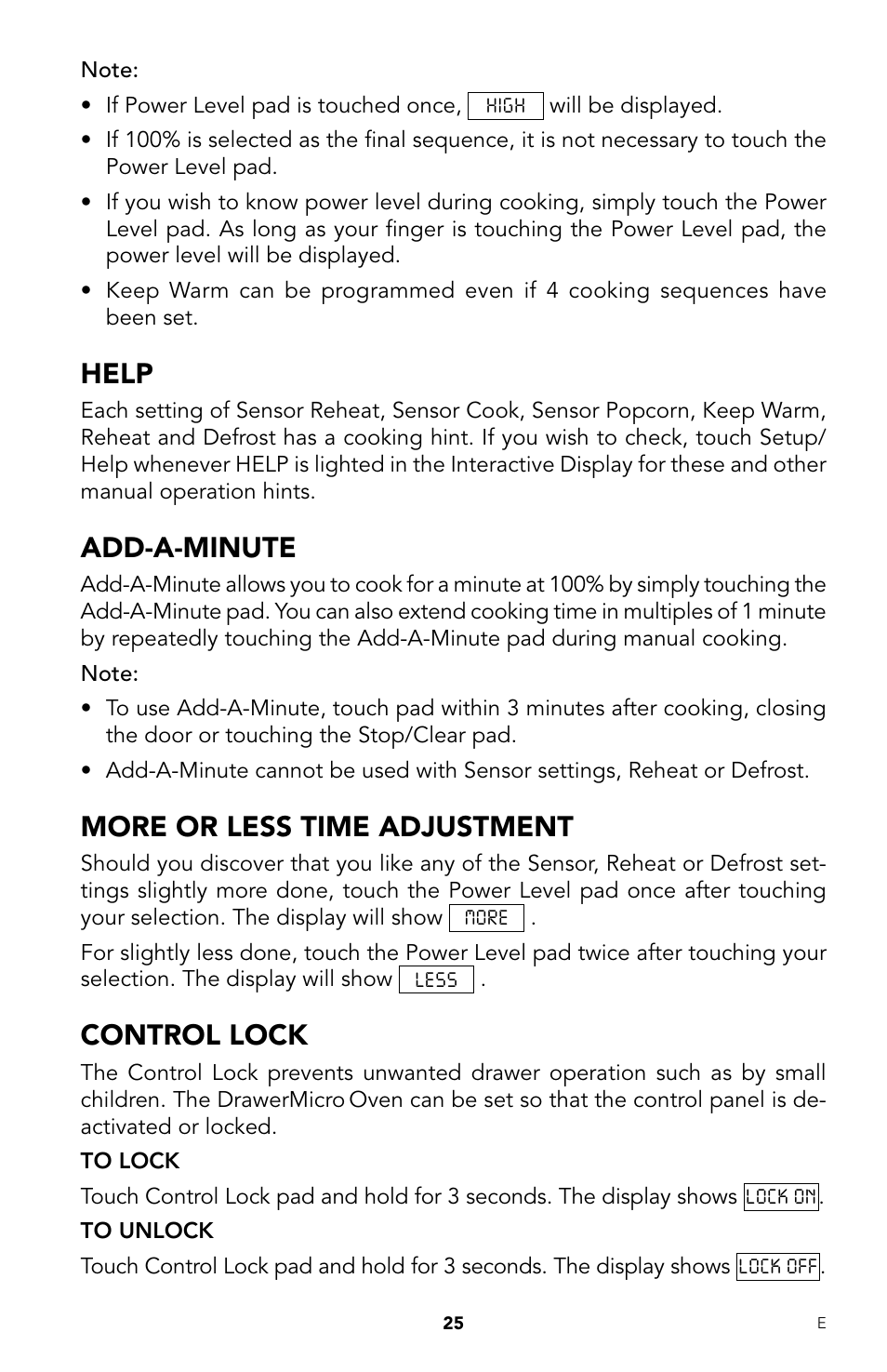 Help, Add-a-minute, More or less time adjustment | Control lock | Viking DrawerMicro Drawer Micro Oven User Manual | Page 27 / 108