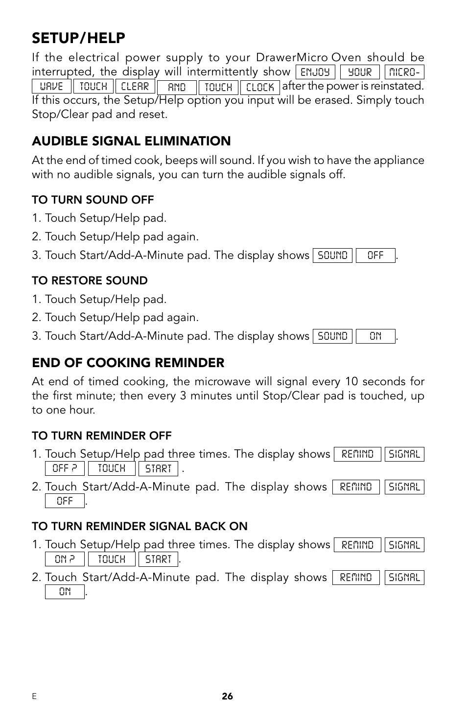 Setup/help, Audible signal elimination, End of cooking reminder | Viking DrawerMicro Drawer Micro Oven User Manual | Page 28 / 108