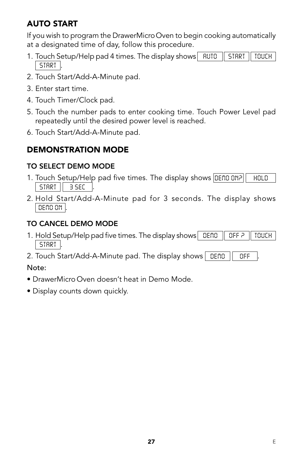 Auto start, Demonstration mode | Viking DrawerMicro Drawer Micro Oven User Manual | Page 29 / 108