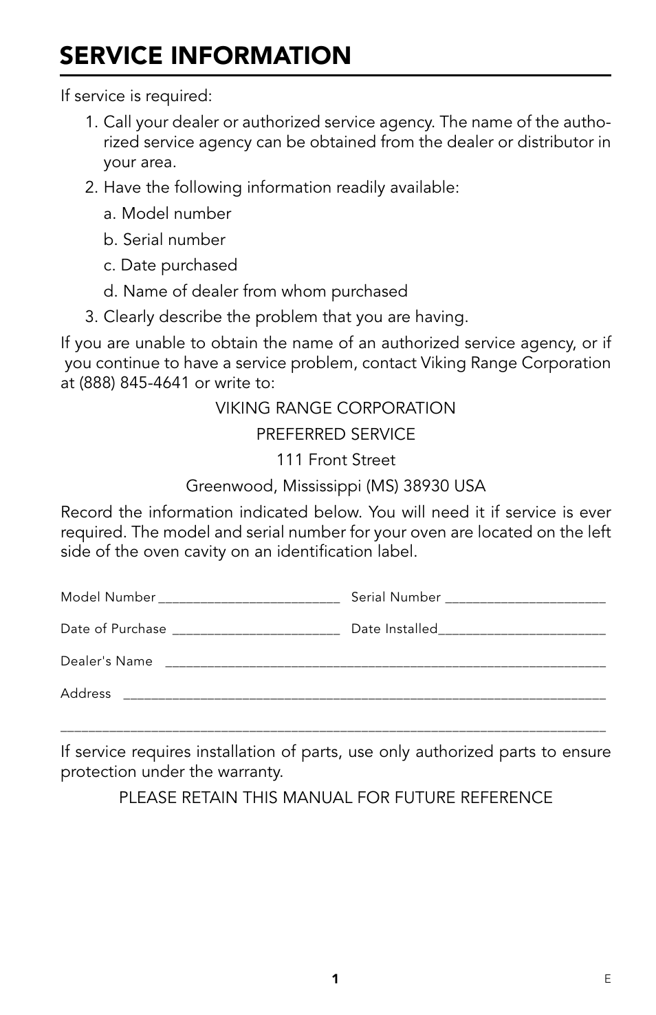 E_12-19-07.pdf, Service information | Viking DrawerMicro Drawer Micro Oven User Manual | Page 3 / 108