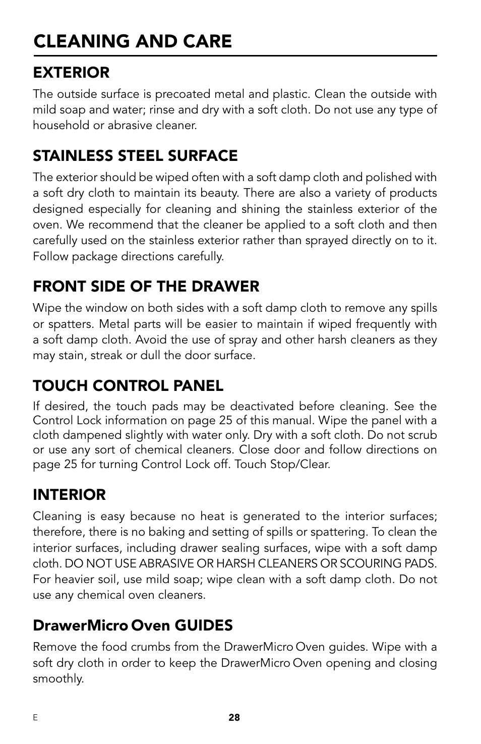 Cleaning and care, Exterior, Stainless steel surface | Front side of the drawer, Touch control panel, Interior, Drawermicro, Oven guides | Viking DrawerMicro Drawer Micro Oven User Manual | Page 30 / 108