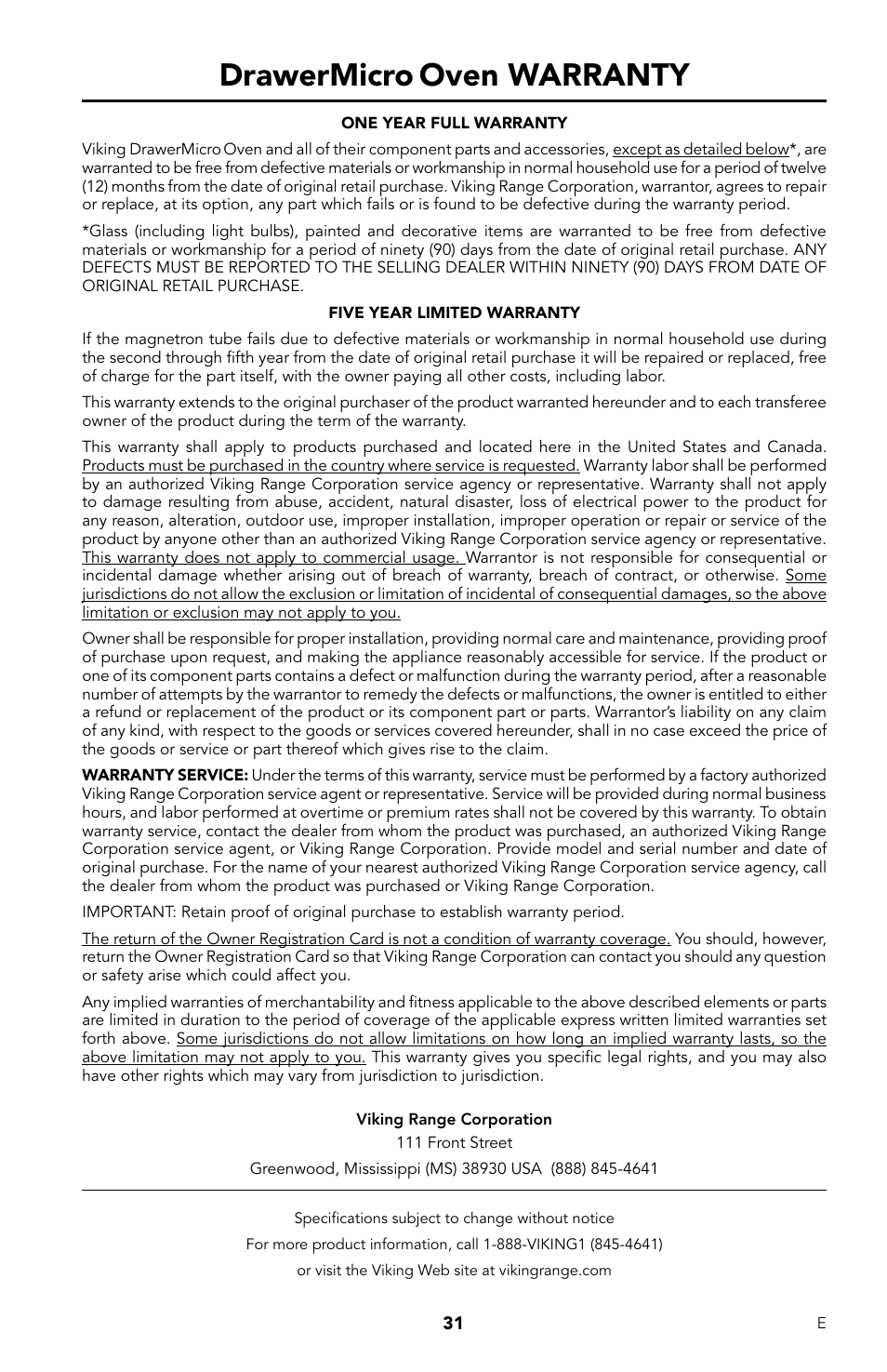 Drawermicro, Oven warranty | Viking DrawerMicro Drawer Micro Oven User Manual | Page 33 / 108