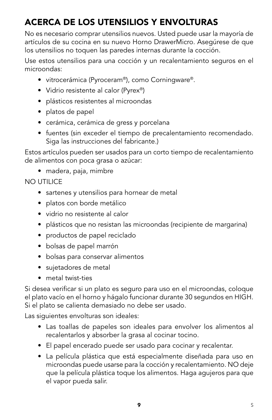 Acerca de los utensilios y envolturas | Viking DrawerMicro Drawer Micro Oven User Manual | Page 43 / 108