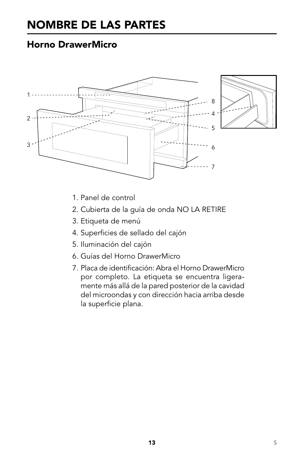 Nombre de las partes, Horno drawermicro | Viking DrawerMicro Drawer Micro Oven User Manual | Page 47 / 108