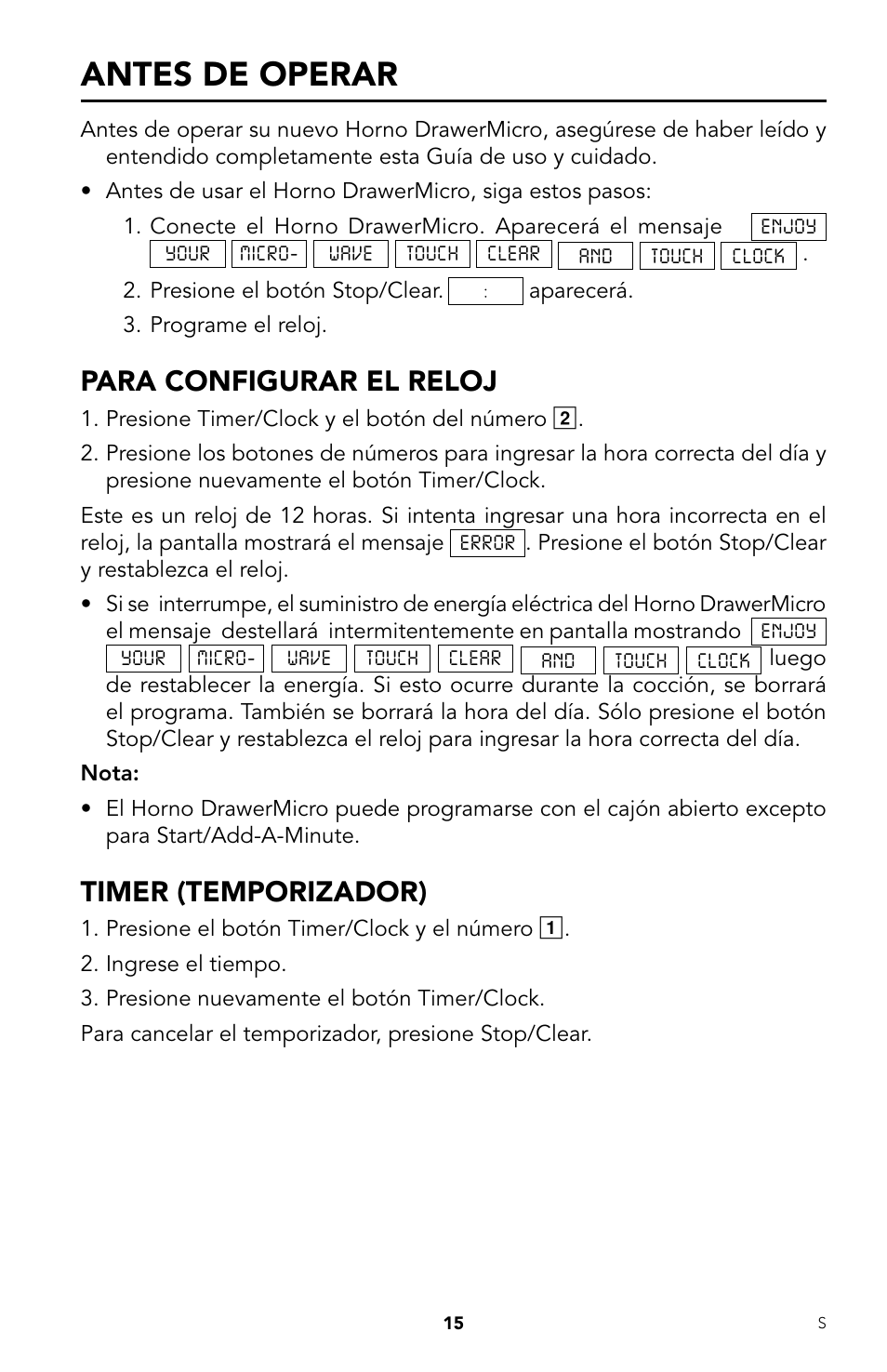 Antes de operar, Para configurar el reloj, Timer (temporizador) | Viking DrawerMicro Drawer Micro Oven User Manual | Page 49 / 108