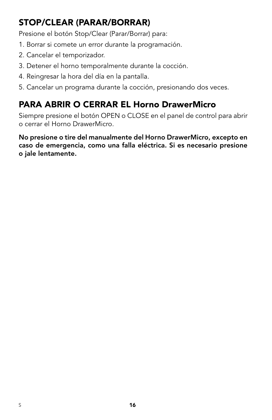 Stop/clear (parar/borrar), Para abrir o cerrar el horno drawermicro | Viking DrawerMicro Drawer Micro Oven User Manual | Page 50 / 108