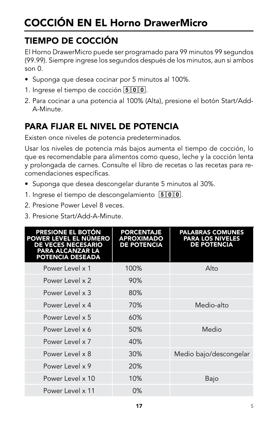 Cocción en el horno drawermicro, Tiempo de cocción, Para fijar el nivel de potencia | Viking DrawerMicro Drawer Micro Oven User Manual | Page 51 / 108