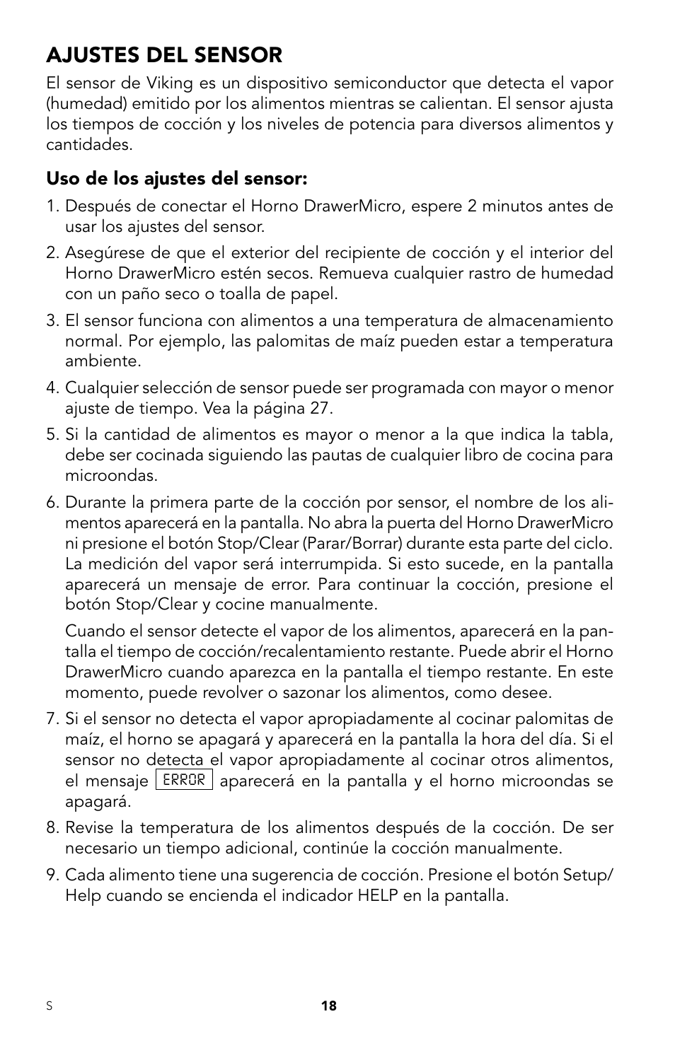 Ajustes del sensor | Viking DrawerMicro Drawer Micro Oven User Manual | Page 52 / 108