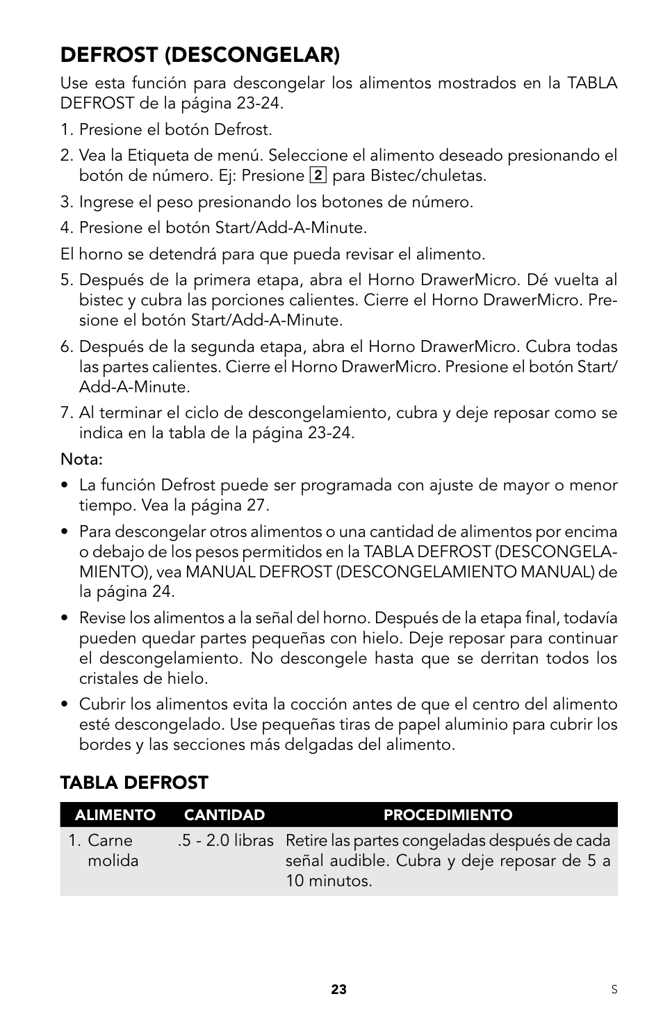 Defrost (descongelar) | Viking DrawerMicro Drawer Micro Oven User Manual | Page 57 / 108