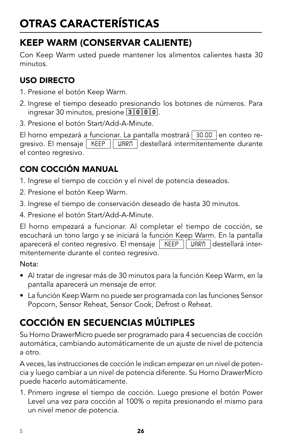 Otras características, Keep warm (conservar caliente), Cocción en secuencias múltiples | Viking DrawerMicro Drawer Micro Oven User Manual | Page 60 / 108