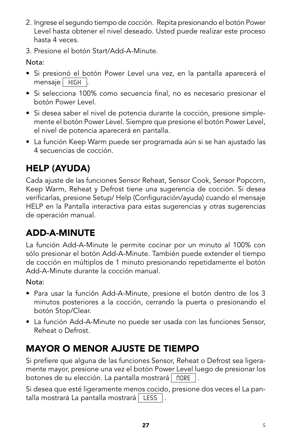 Help (ayuda), Add-a-minute, Mayor o menor ajuste de tiempo | Viking DrawerMicro Drawer Micro Oven User Manual | Page 61 / 108