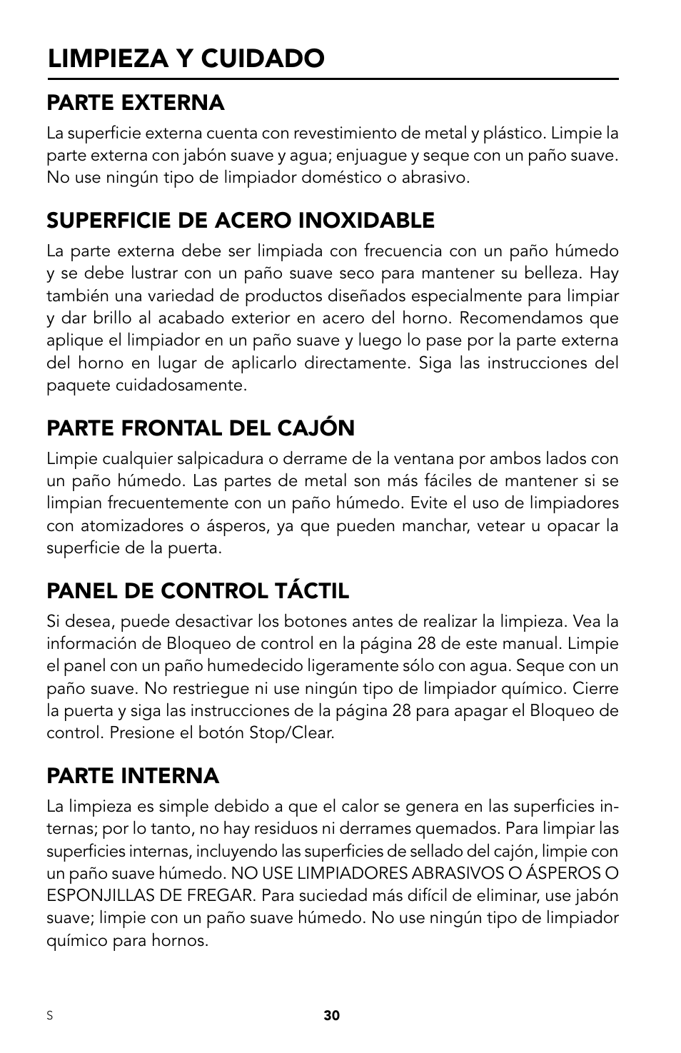 Limpieza y cuidado, Parte externa, Superficie de acero inoxidable | Parte frontal del cajón, Panel de control táctil, Parte interna | Viking DrawerMicro Drawer Micro Oven User Manual | Page 64 / 108