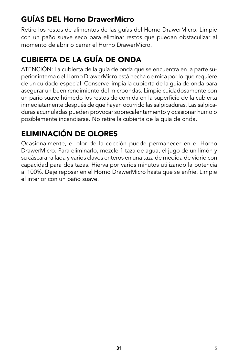 Guías del horno drawermicro, Cubierta de la guía de onda, Eliminación de olores | Viking DrawerMicro Drawer Micro Oven User Manual | Page 65 / 108